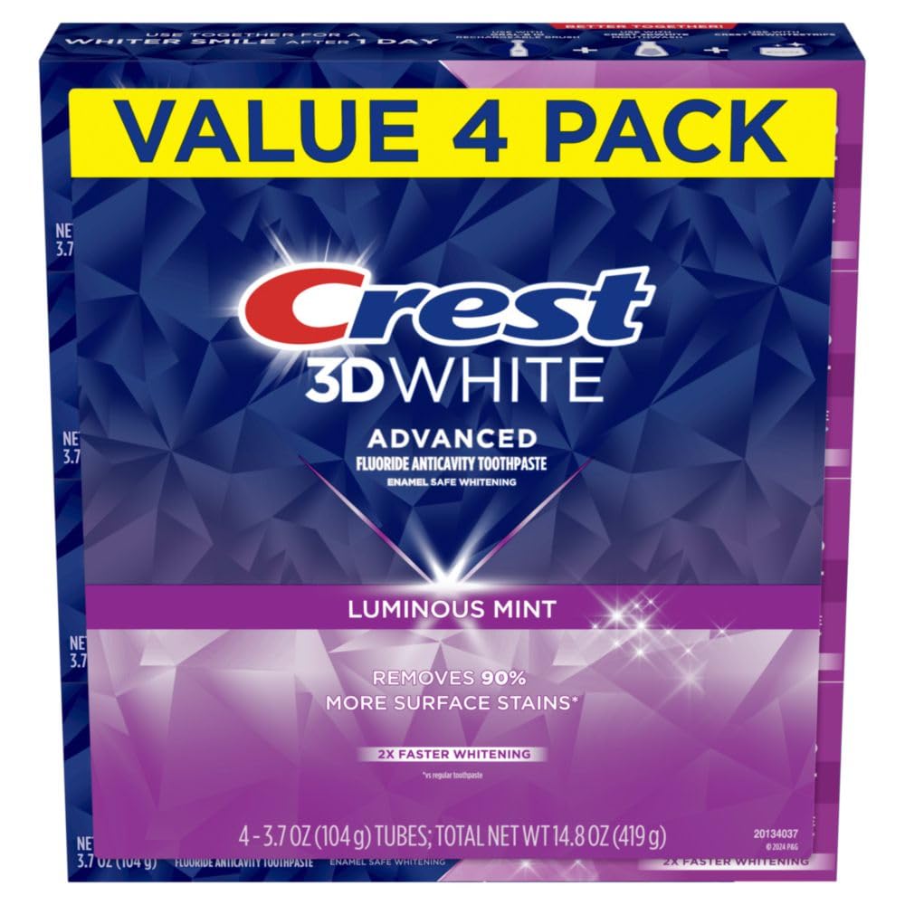 Crest 3D White toothpaste value 4 pack box Luminous Mint advanced whitening four 3.7 oz tubes