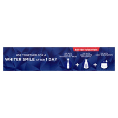 Blue promotional banner showing Crest 3D White toothpaste with icons for brush mouthwash and whitestrips