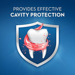 Crest kids fluoride toothpaste UAE cavity protection graphic showing a tooth shield wrapped in red paste