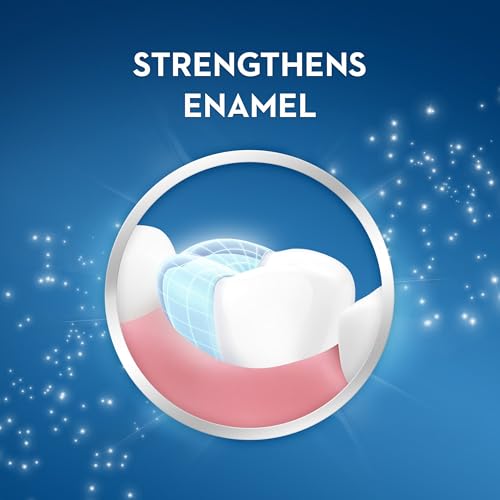 Crest kids fluoride toothpaste UAE strengthening enamel graphic showing tooth with protective enamel shield on blue background