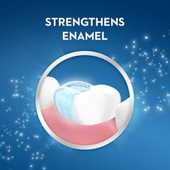 Crest kids fluoride toothpaste UAE strengthening enamel graphic showing tooth with protective enamel shield on blue background