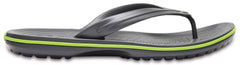 Comfortable Crocs slip on shoes black and gray flip flop with lime green trim for casual wear