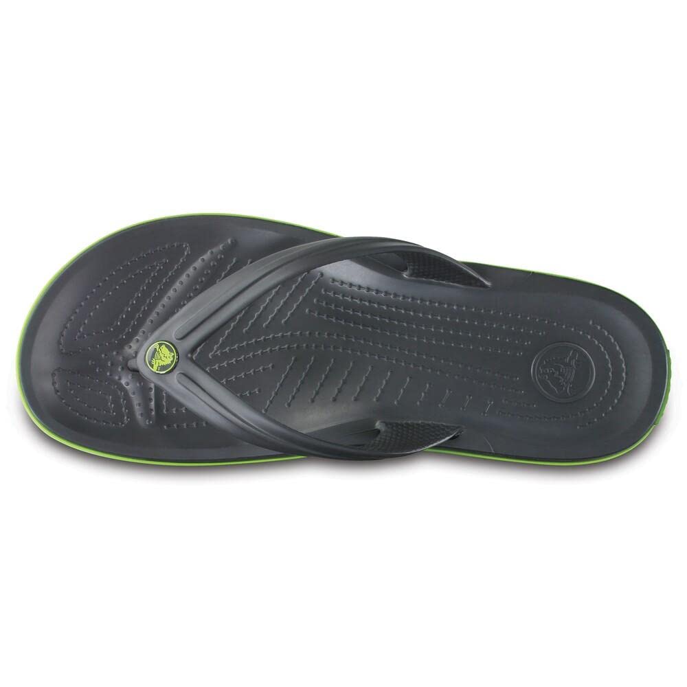 Black comfortable Crocs slip on shoes with green trim and textured footbed