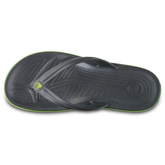 Black comfortable Crocs slip on shoes with green trim and textured footbed