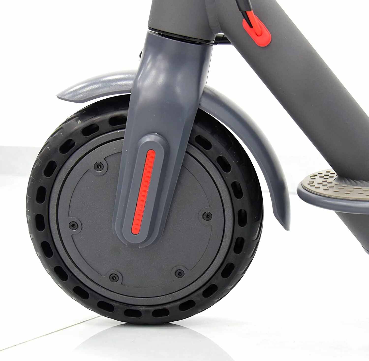 Close-up of front wheel and suspension fork of Crony m365 aluminium scooter electric bike by Huitich
