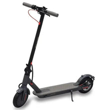 Dark grey electric scooter with textured deck and front wheel, kickstand visible