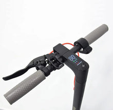 Electric scooter handlebar with digital display, rubber grips, and brake lever