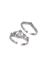 Adjustable crystal crown and band ring set in silver tone, two-piece with rhinestone trim