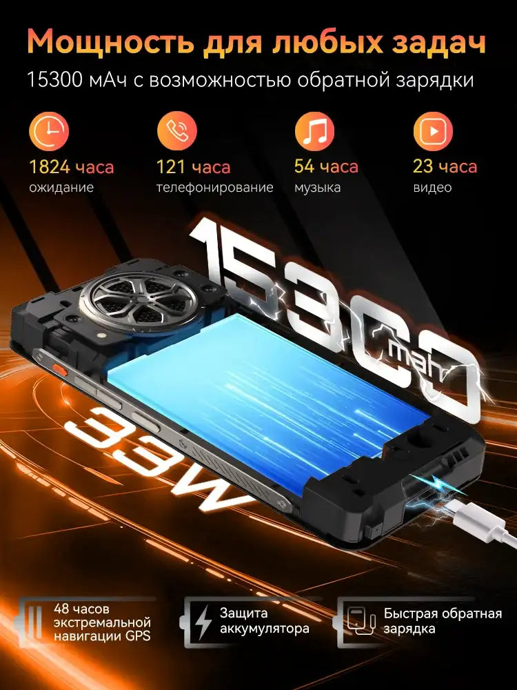 Cubot King Kong Power 5 Android 15 smartphone rugged black device showing 15300 mAh battery and 33W fast charging cable