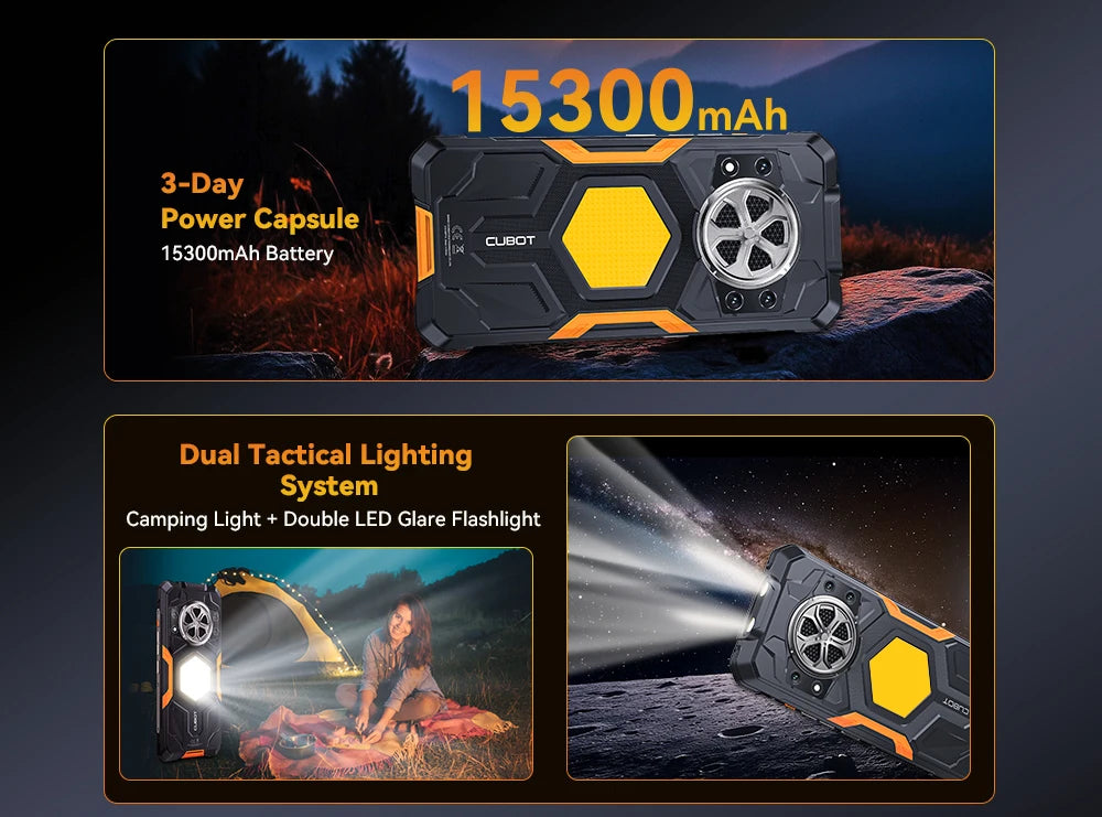 Cubot King Kong Power 5 Android 15 smartphone rugged 15300mAh battery with dual tactical LED flashlight for camping