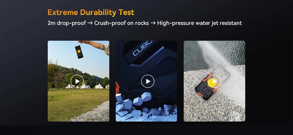 Cubot King Kong Power 5 Android 15 smartphone undergoing extreme durability tests, 2m drop crush and high pressure water jet