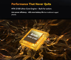 Cubot King Kong Power 5 Android 15 smartphone showcasing 6nm MTK G100 chip graphic highlighting performance
