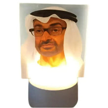 Portrait table lamp with white rectangular shade, bearded face print, and dark base