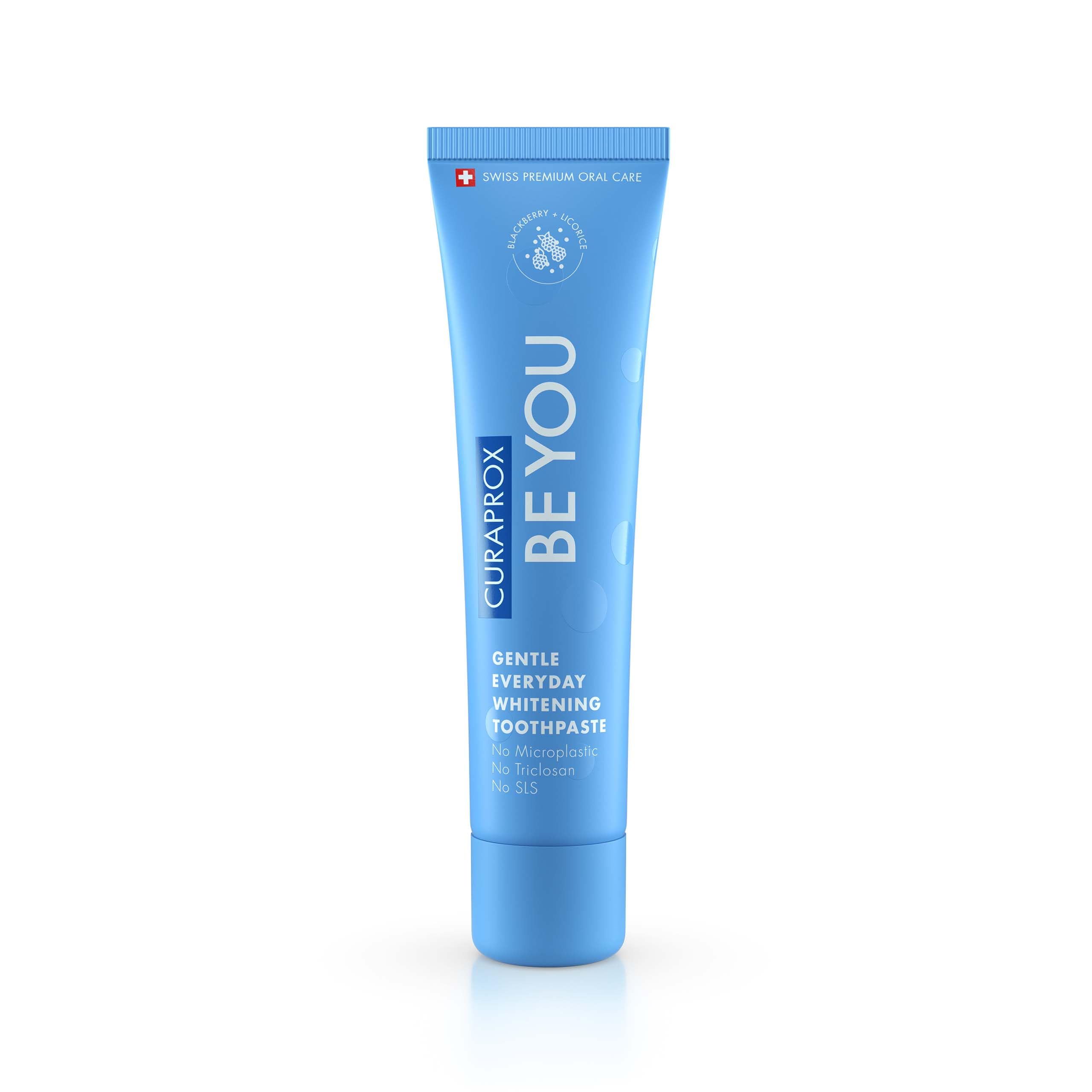 Curaprox Be You gentle whitening toothpaste blue tube on white background showing Curaprox branding