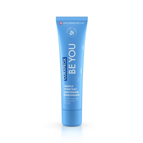 Blue Curaprox Be You gentle whitening toothpaste tube front view for gentle everyday whitening oral care