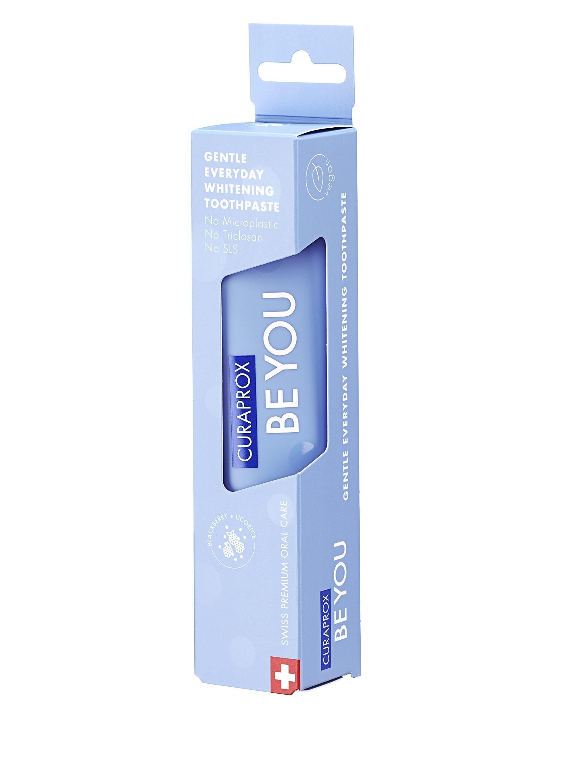 Light blue Curaprox box and tube of Curaprox Be You gentle whitening toothpaste for daily care