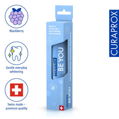 Curaprox Be You gentle whitening toothpaste in light blue retail box showing blackberry flavor icon and Swiss made quality