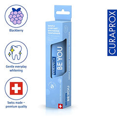 Light blue Curaprox Be You gentle whitening toothpaste packaging blackberry flavor Swiss made