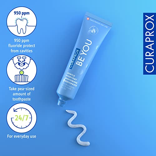 Curaprox Be You gentle whitening toothpaste blue tube with paste swirl 950 ppm fluoride everyday use