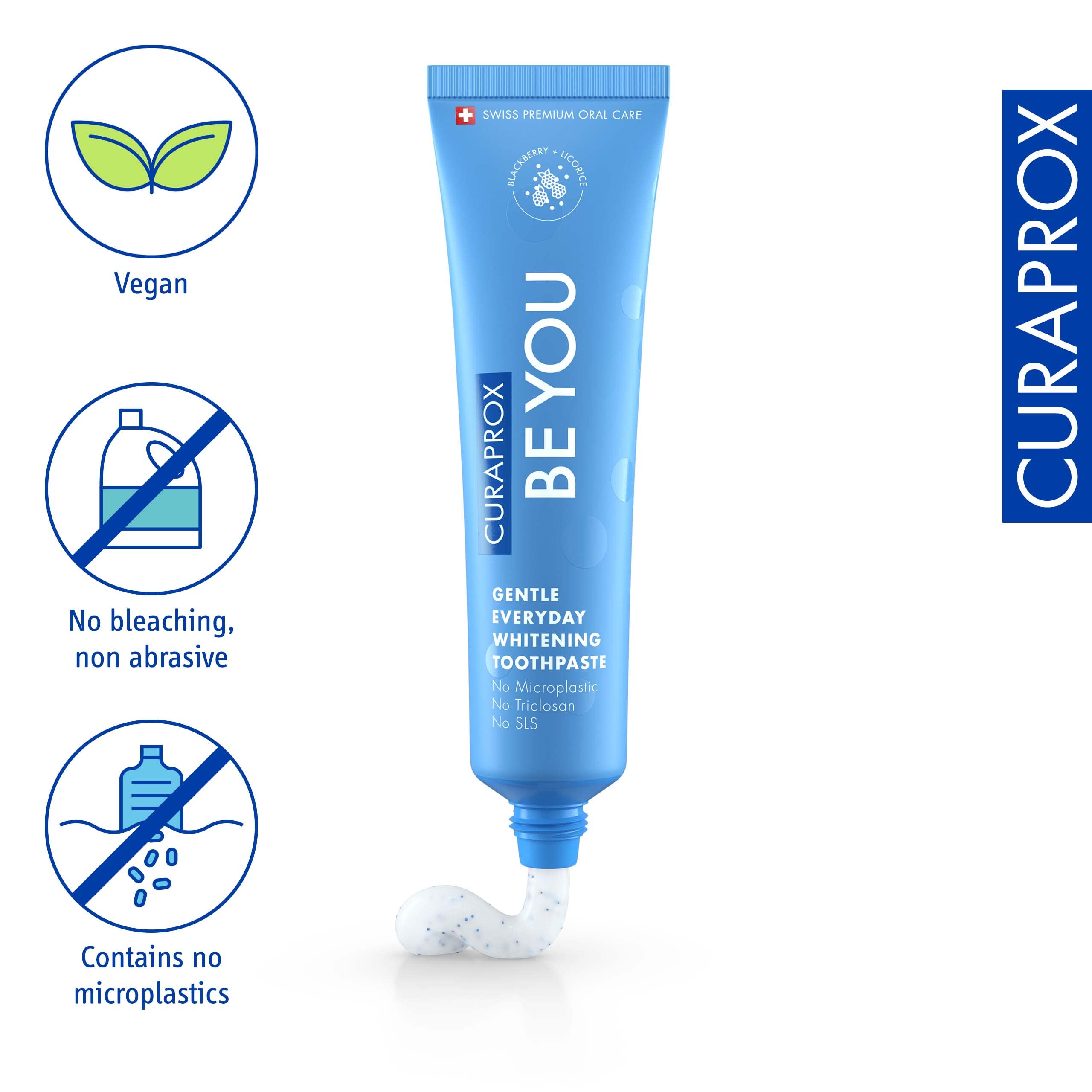 Curaprox Be You gentle whitening toothpaste blue tube with squeezed gel and vegan no microplastics icons