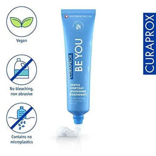 Curaprox Be You blue toothpaste tube standing upright with small foam