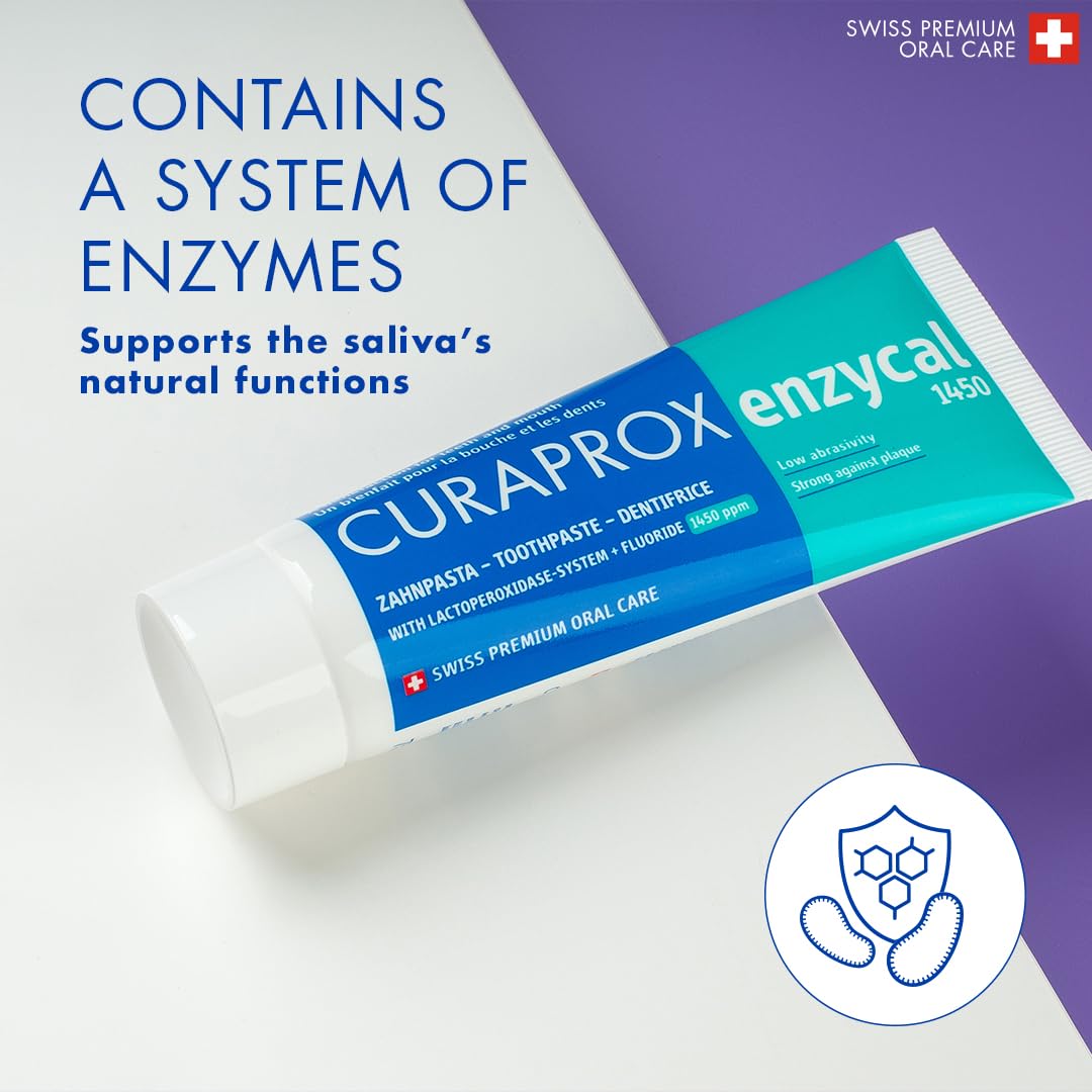 Tube of Curaprox Enzycal 1450 toothpaste UAE on white and purple background highlighting enzyme system