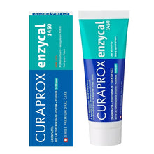 Curaprox Enzycal 1450 toothpaste tube and retail box, teal and white.