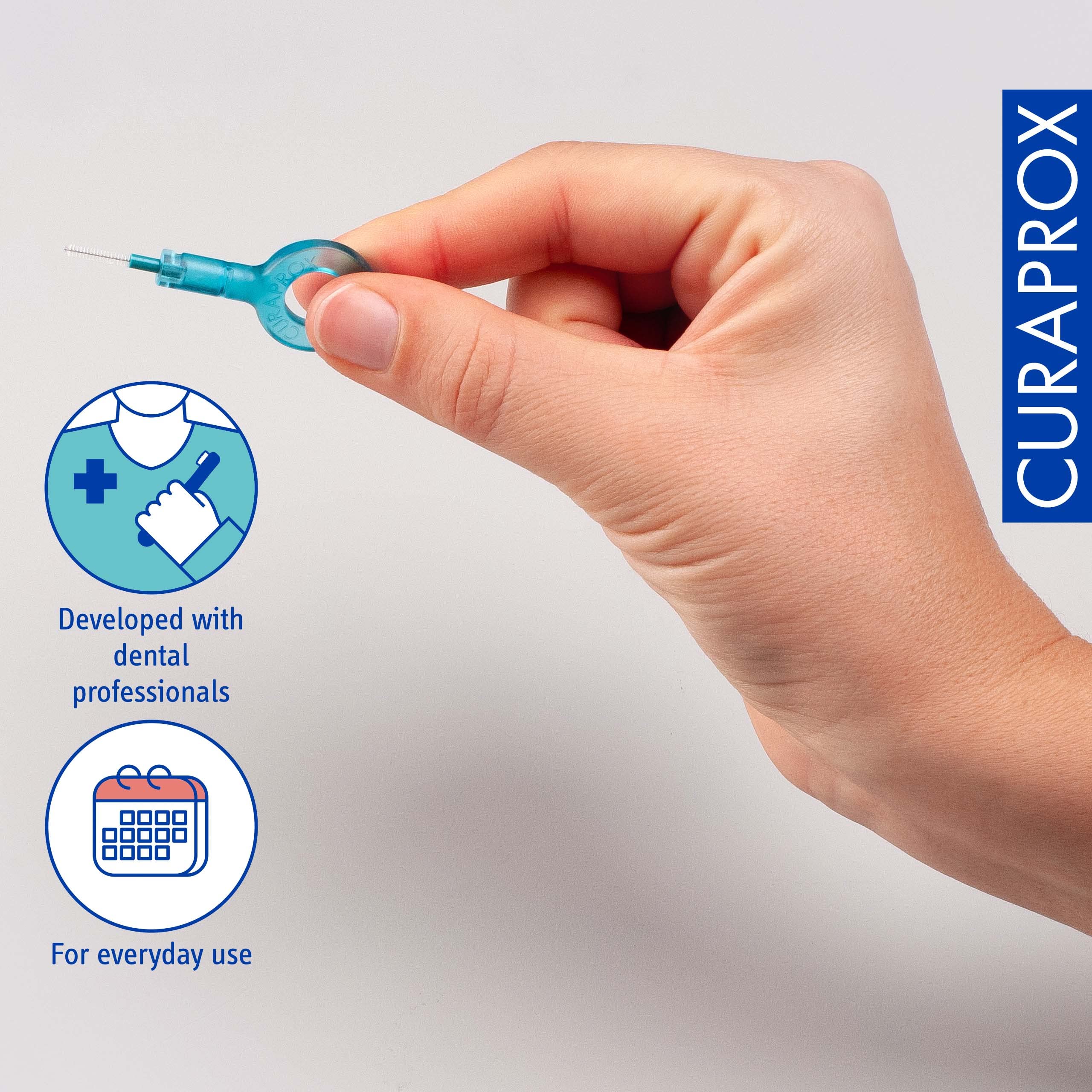 Teal interdental brush held by hand next to Curaprox branding and dental use icons Curaprox interdental brushes starter set