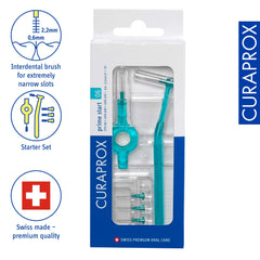 Curaprox interdental brushes starter set turquoise pack with handle holder and extra brush heads in retail box