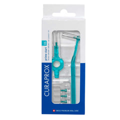 Curaprox interdental brushes starter set with teal handles, interdental brushes and holders in retail packaging