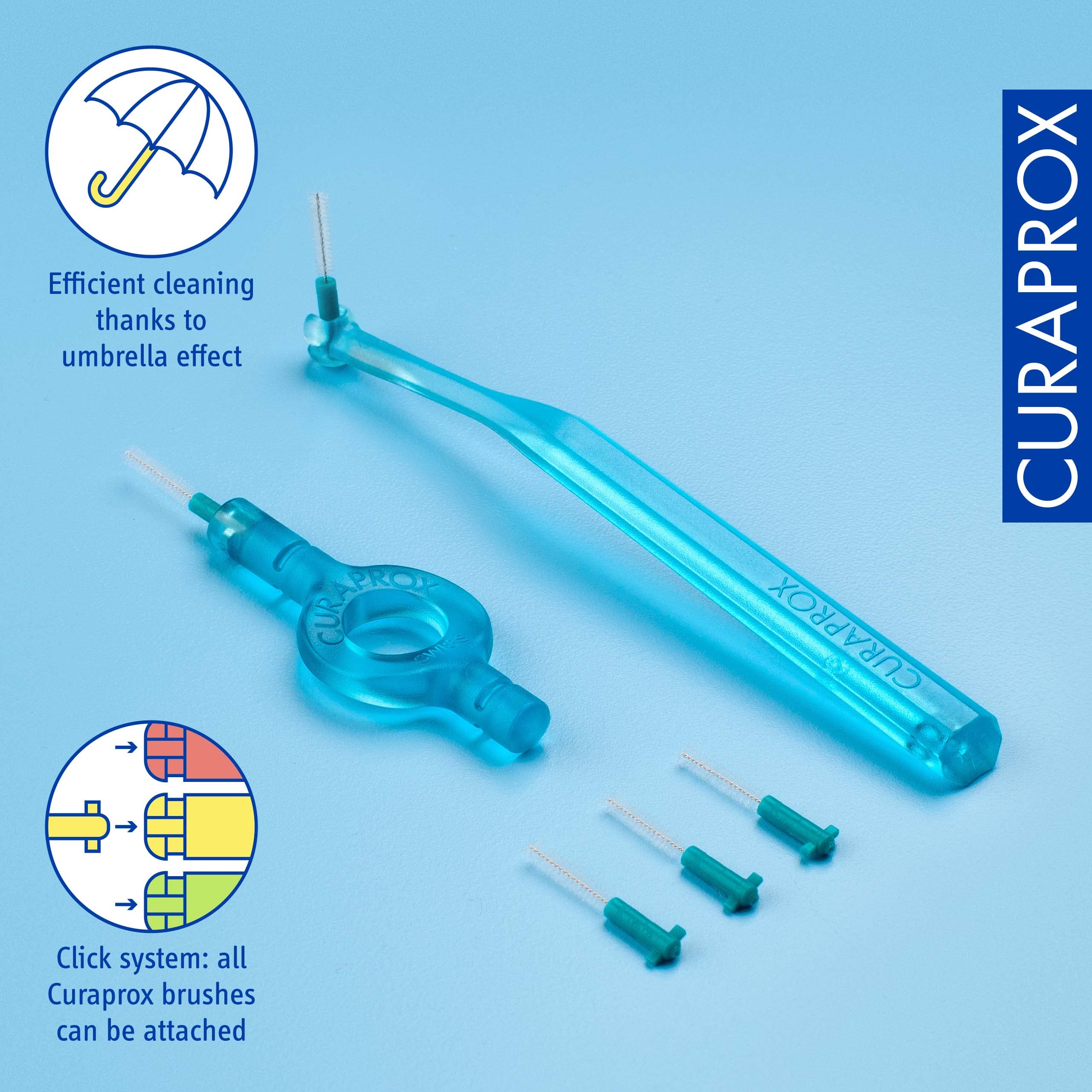 Blue Curaprox interdental brushes starter set with long handle click system hub and three replaceable brush heads