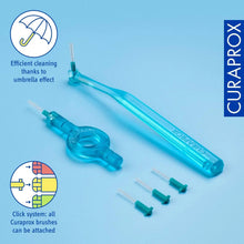 Turquoise interdental brush handle with ultra-fine bristle tips and spare caps
