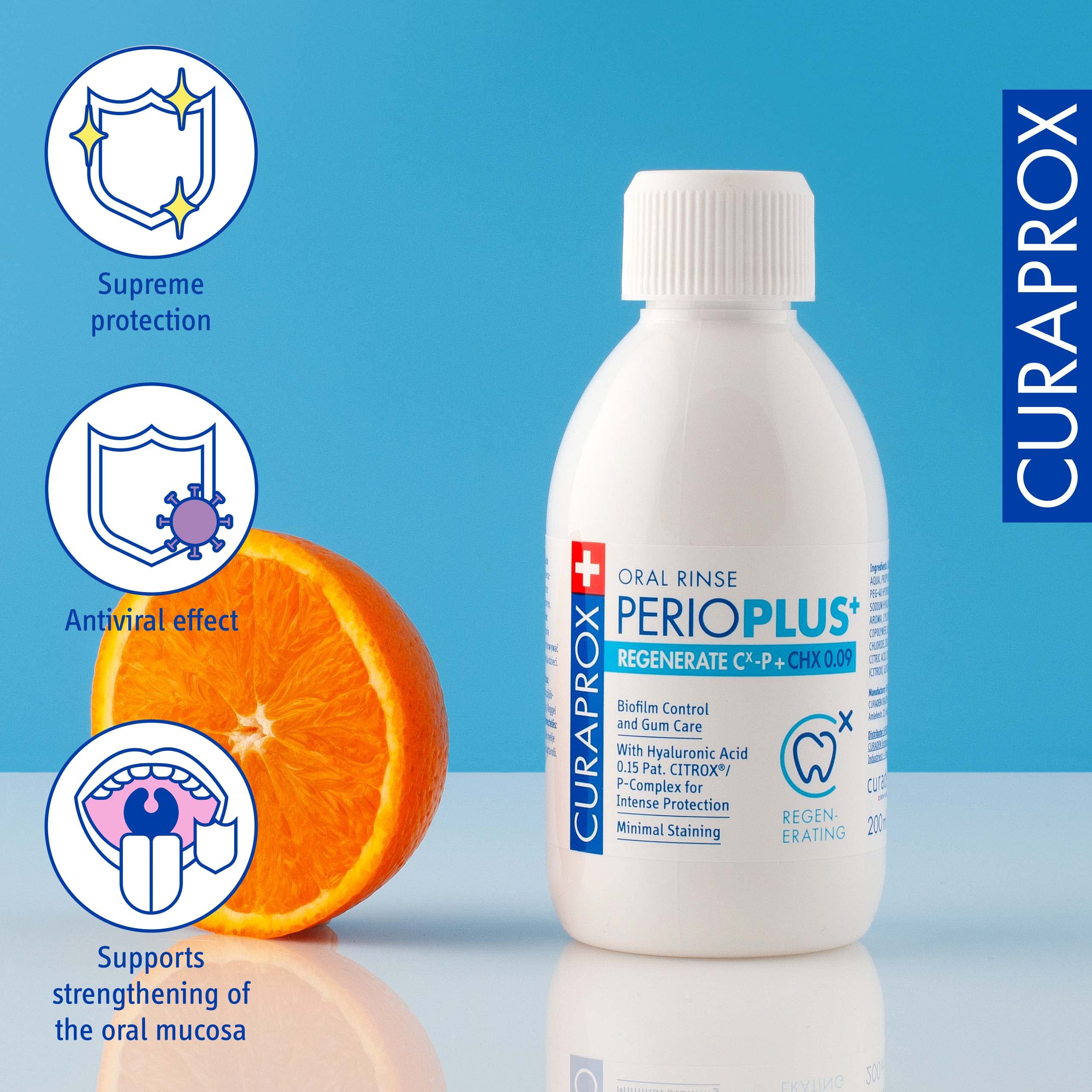 Curaprox Perio Plus Regenerate mouthwash bottle with half orange and icons for antiviral and gum care