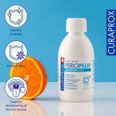 Curaprox Perio Plus Regenerate mouthwash bottle with half orange and icons for antiviral and gum care