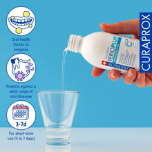 Curaprox Perio Plus mouthwash bottle pouring into clear cup