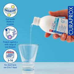 Curaprox Perio Plus Regenerate mouthwash being poured into a glass with benefit icons