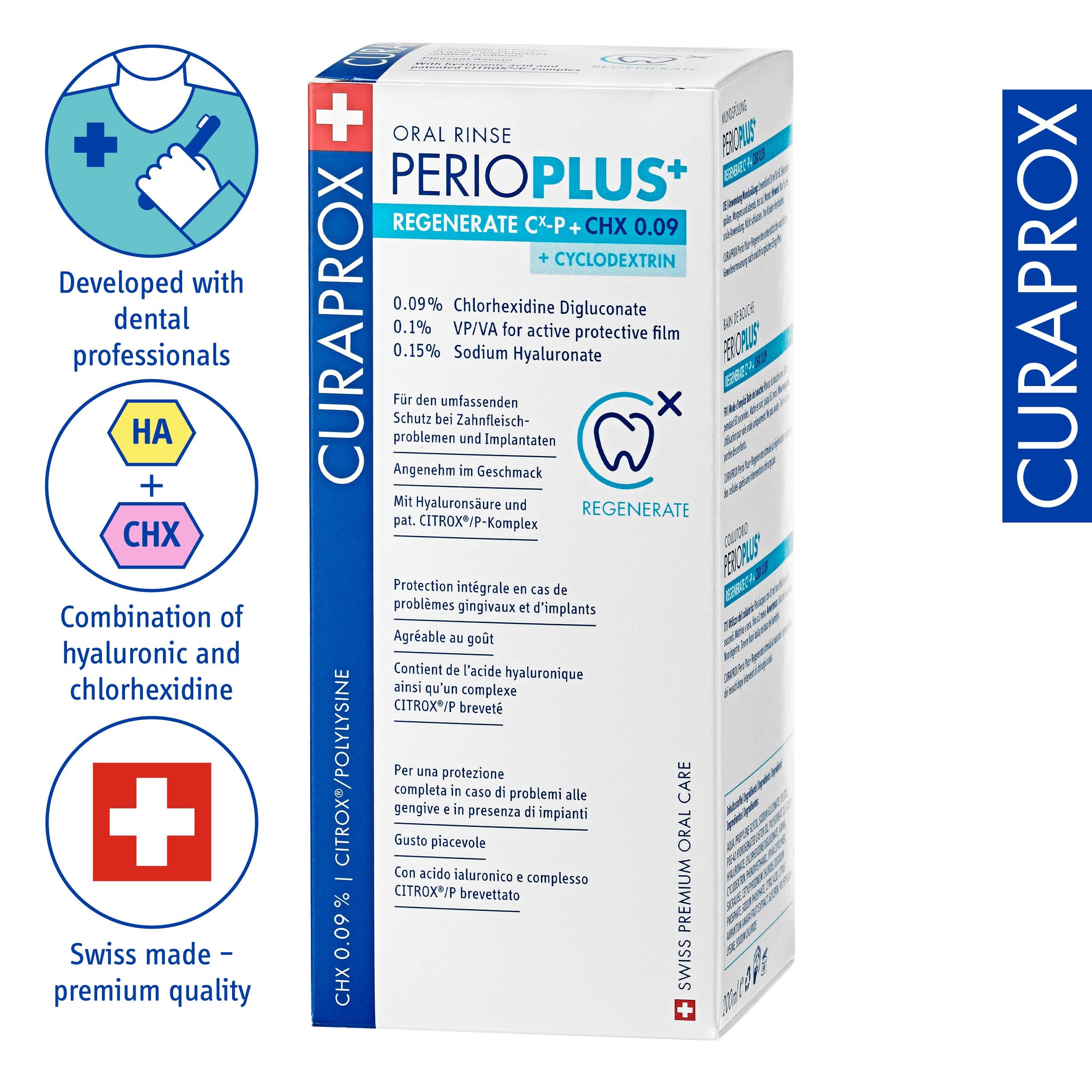 Box of Curaprox Perio Plus Regenerate mouthwash white and blue packaging showing CHX hyaluronic acid Swiss made