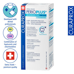 Box of Curaprox Perio Plus Regenerate mouthwash white and blue packaging showing CHX hyaluronic acid Swiss made