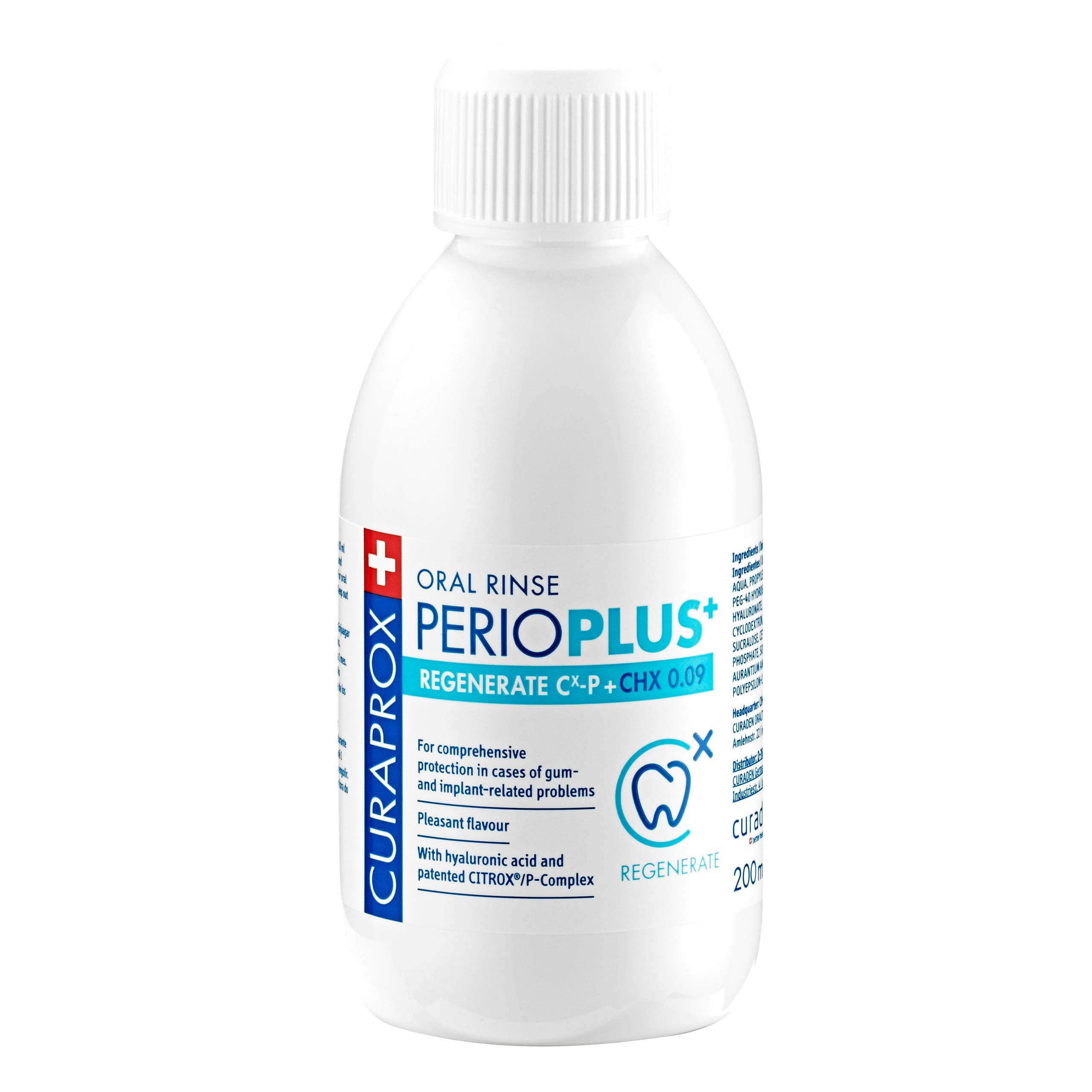 Curaprox Perio Plus Regenerate mouthwash white 200ml oral rinse bottle with blue and white label
