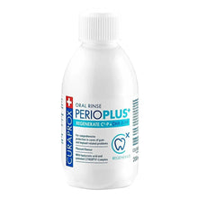 Curaprox Perio Plus oral rinse bottle, front view with white ribbed cap