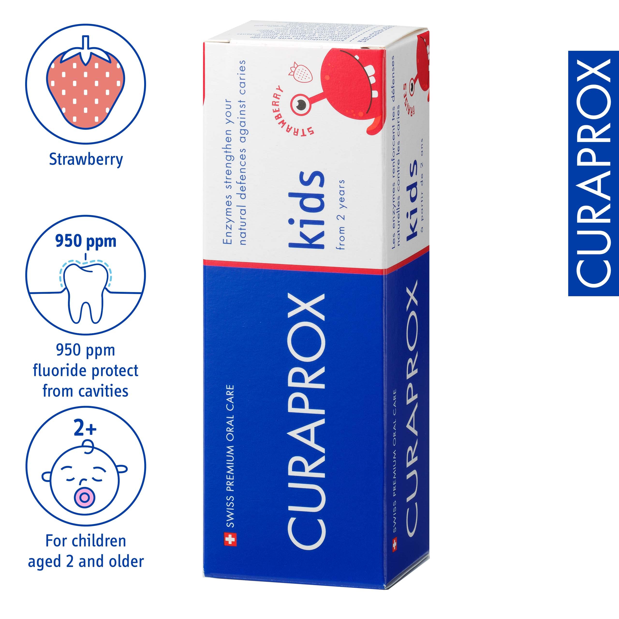 Curaprox kids fluoride toothpaste strawberry flavor 950 ppm fluoride box for children 2 years and older