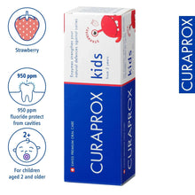 Curaprox Kids strawberry toothpaste box, blue-and-white with 950 ppm fluoride