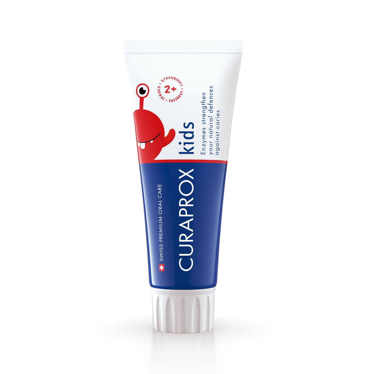 Curaprox tube of kids fluoride toothpaste strawberry flavor with playful red monster design for ages two and up