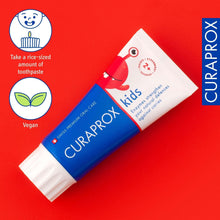 Curaprox Kids strawberry toothpaste tube with red cartoon dinosaur and blue label
