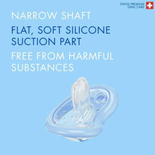 Orthodontic baby pacifier with flat soft silicone suction part, clear and blue