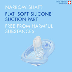 Transparent flat silicone orthodontic baby pacifier UAE with narrow shaft and soft suction part on blue background