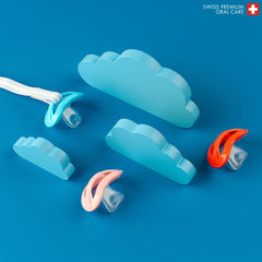 orthodontic baby pacifier UAE three pastel pacifiers on blue background with cloud props and strap
