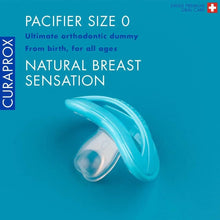 Blue baby pacifier size 0, orthodontic dummy with curved shield