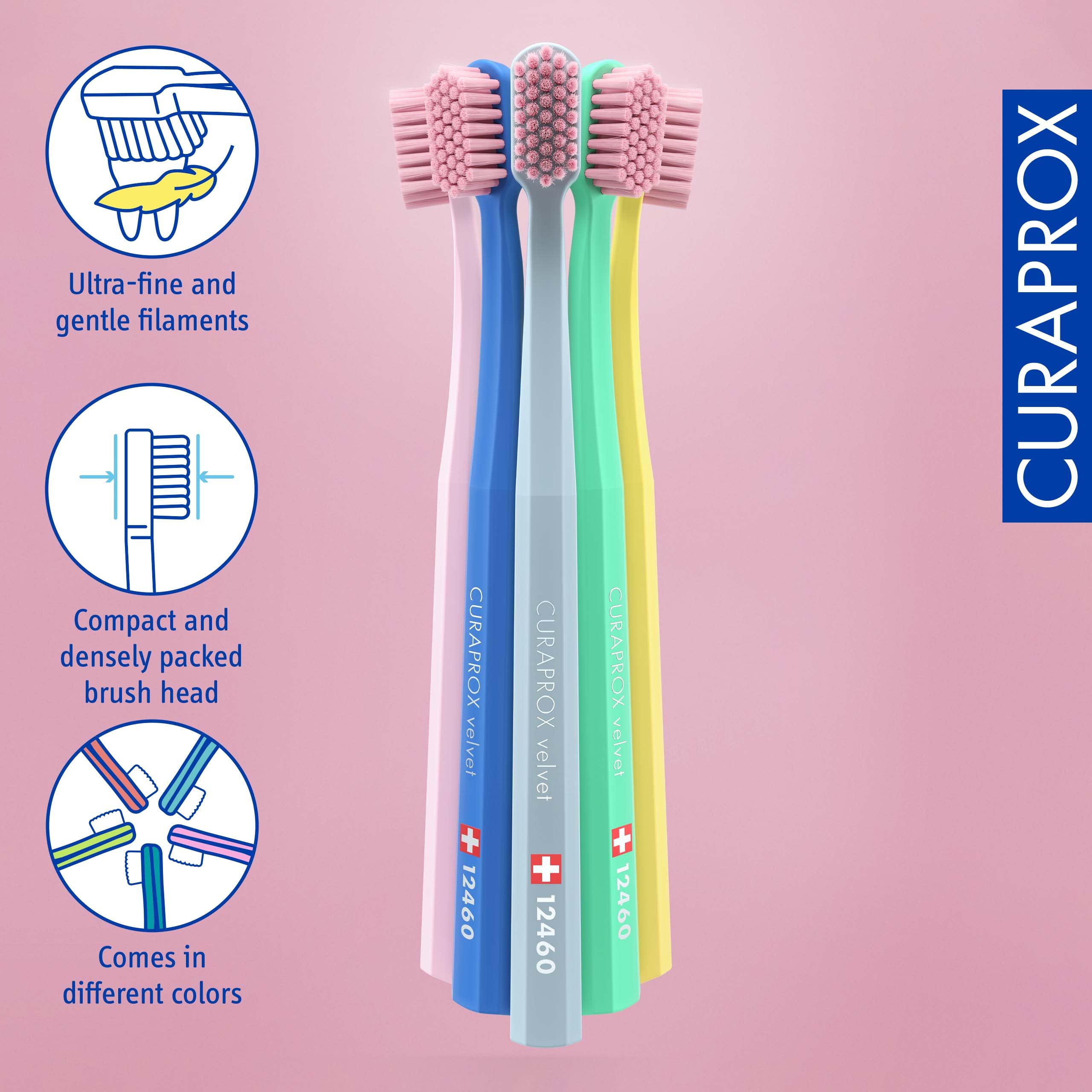 Curaprox pastel toothbrush set with compact densely packed heads ultra soft toothbrush for sensitive gums