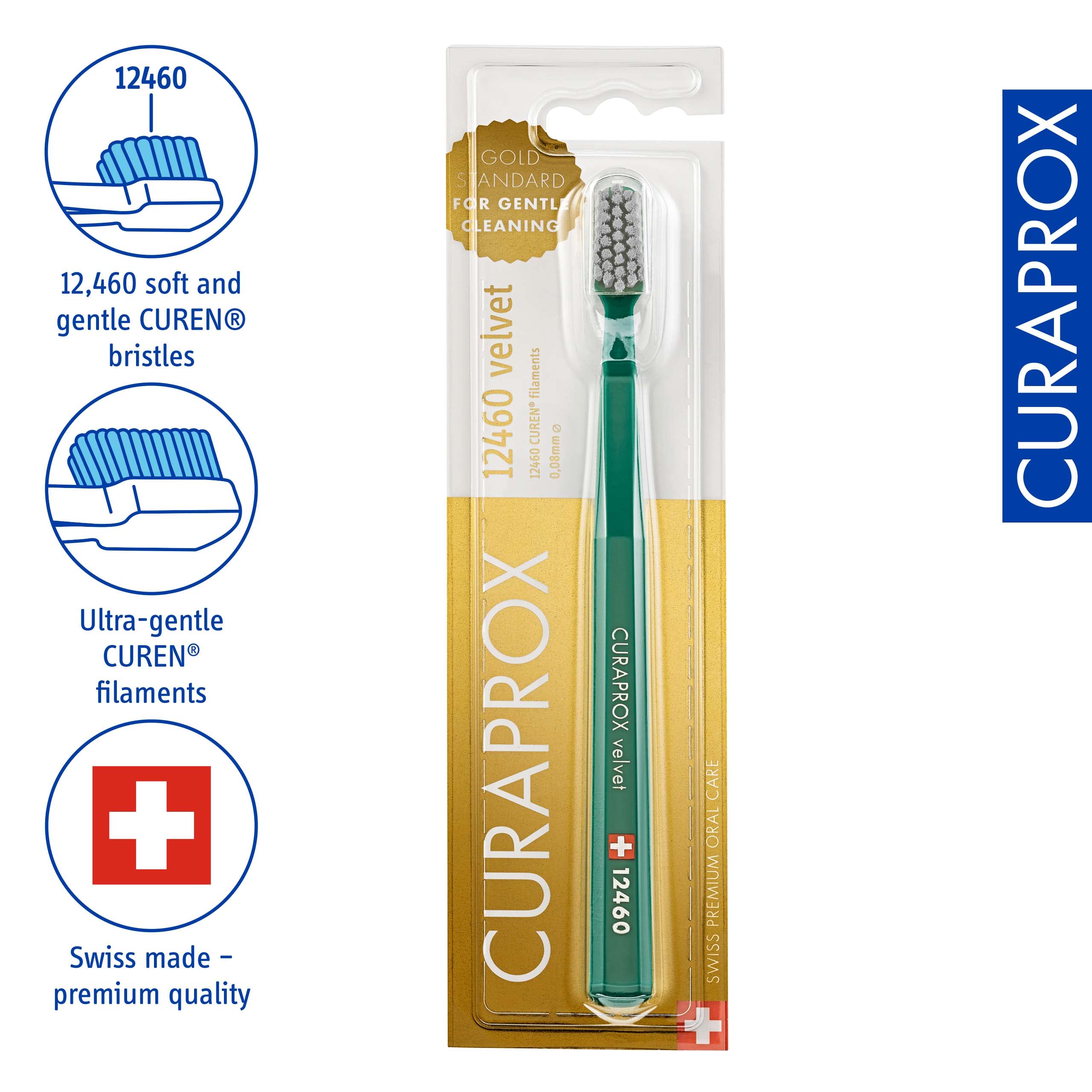 Curaprox 12460 velvet green ultra soft toothbrush for sensitive gums in gold blister pack